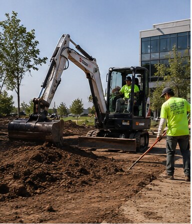 Compact excavator and crew grading soil at a commercial building site