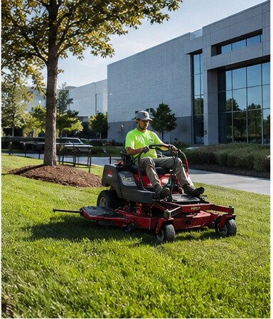 Operator on a zero-turn mower maintaining lawn areas at a commercial campus