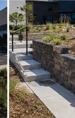 Segmental block retaining wall with concrete steps and handrail at a commercial entrance