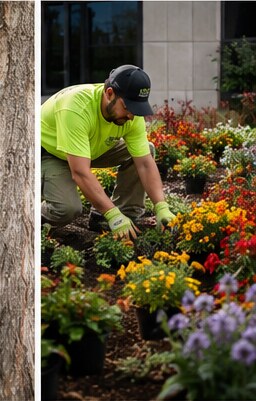 Crew member setting annual flowers into a prepared commercial planting bed