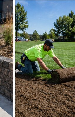 Crew member unrolling sod across a prepared commercial lawn area