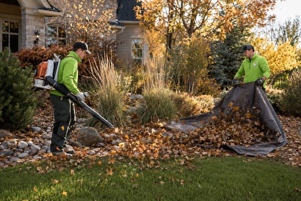 Fall cleanup — crew clearing leaves from Colorado landscape beds