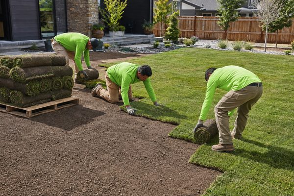 Sod installation — crew laying new sod on a prepared Colorado yard