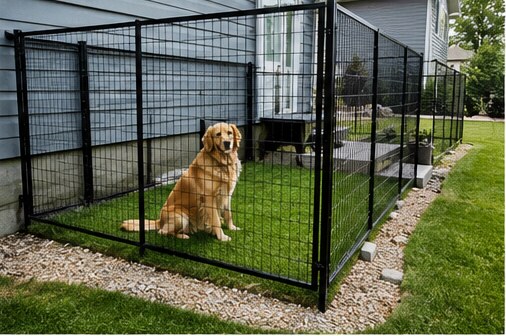 A fenced dog run enclosure with a dog on turf beside a gravel border