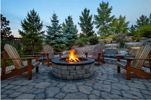 A round stone fire pit with a lit fire and surrounding patio seating