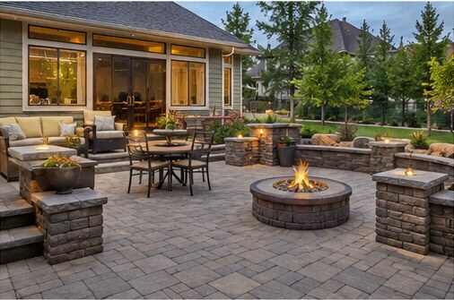 A paver patio with dining furniture and a built-in fire feature