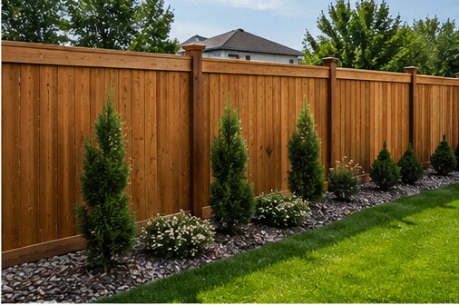 A cedar privacy fence with evergreen shrubs planted along the base